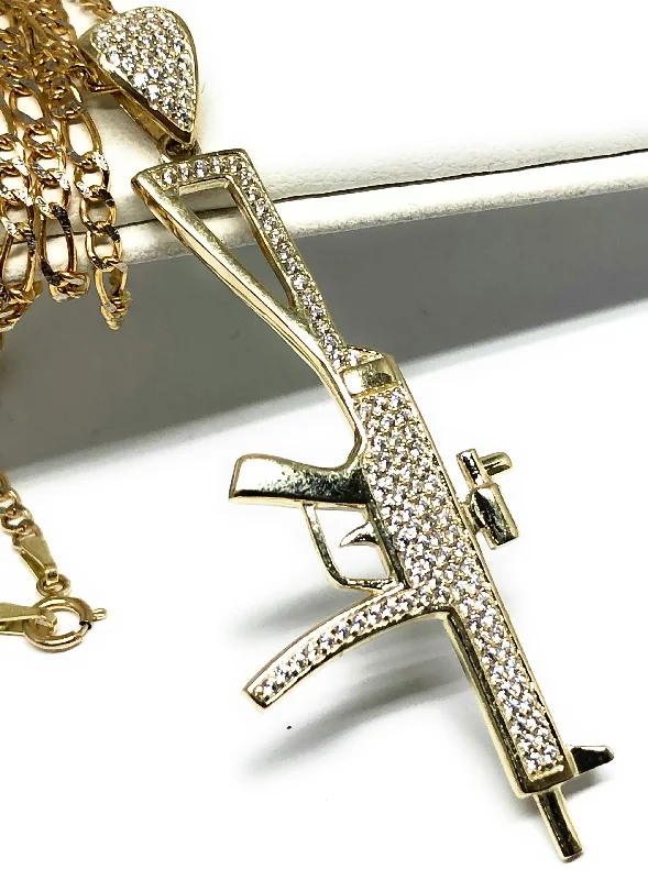 10k Solid Gold CZ Machine Gun MP5 Pendant Necklace