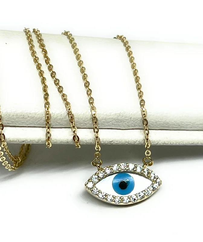 10k Solid Gold Evil Eye CZ Pendant Necklace 18 INCH 1mm Width (THIN & DELICATE) (FC)