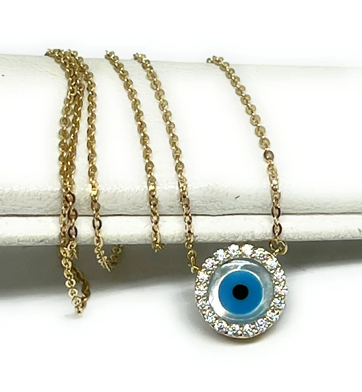 10k Solid Gold Round Evil Eye CZ Pendant Necklace 18 INCH 1mm Width (THIN & DELICATE) (FC)