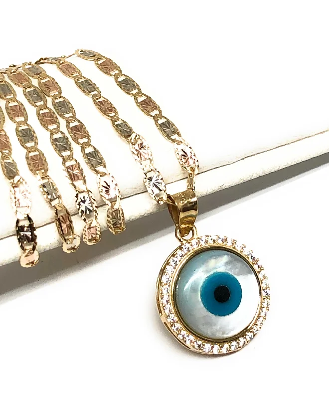 10k Solid Gold EVIL EYE CZ Round Pendant Necklace Valentina Chain (SM, MED)