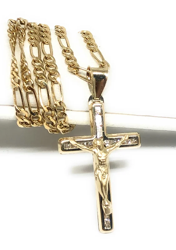 10k Solid Gold Jesus Cross SMALL Pendant Necklace CZ Crucifix Figaro Chain