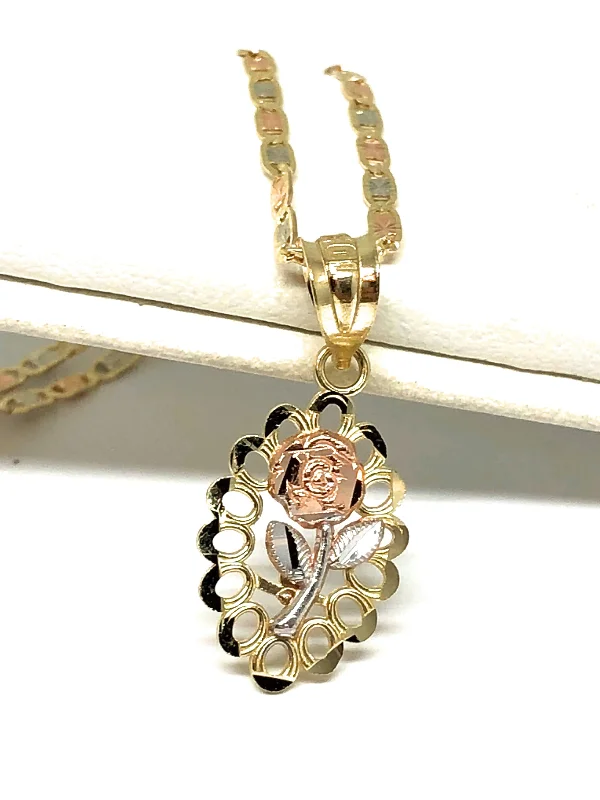 10k Solid Gold Tri-Color Flower Pendant Necklace Tri-Color Valentina Chain