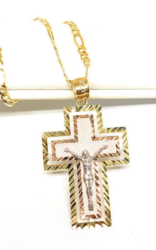 10k Solid Gold Tri-Color Jesus Cross Crucifix Pendant Necklace