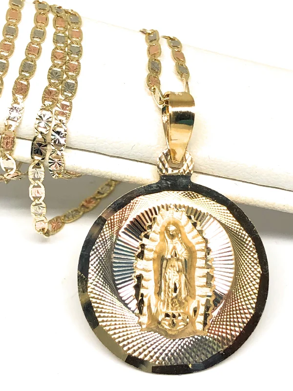 10k Solid Gold Tri-Color Virrgin Mary Round Pendant Virrgen Guadalupe Valentina Chain (MED,LG) (MADE IN MX)