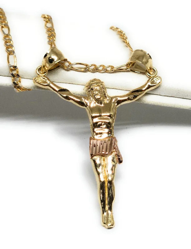 10k Solid Gold Yellow 2-Tone Jesus Body Crucifix Pendant Necklace with Chain