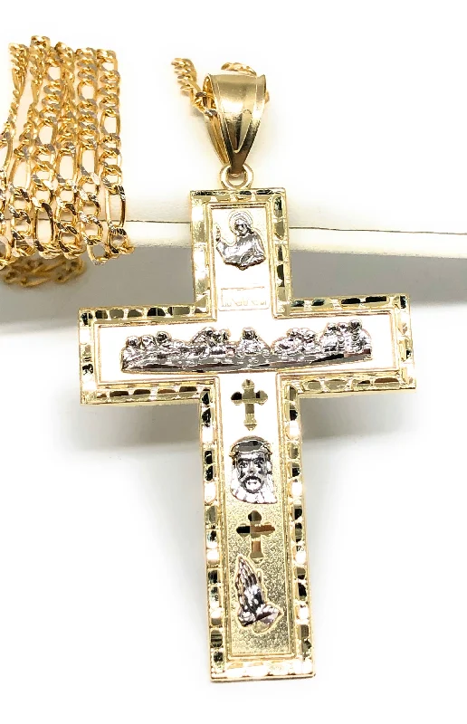 10k Solid Gold Yellow 2-Tone Jesus Cross Crucifix Last Supper Pendant Necklace