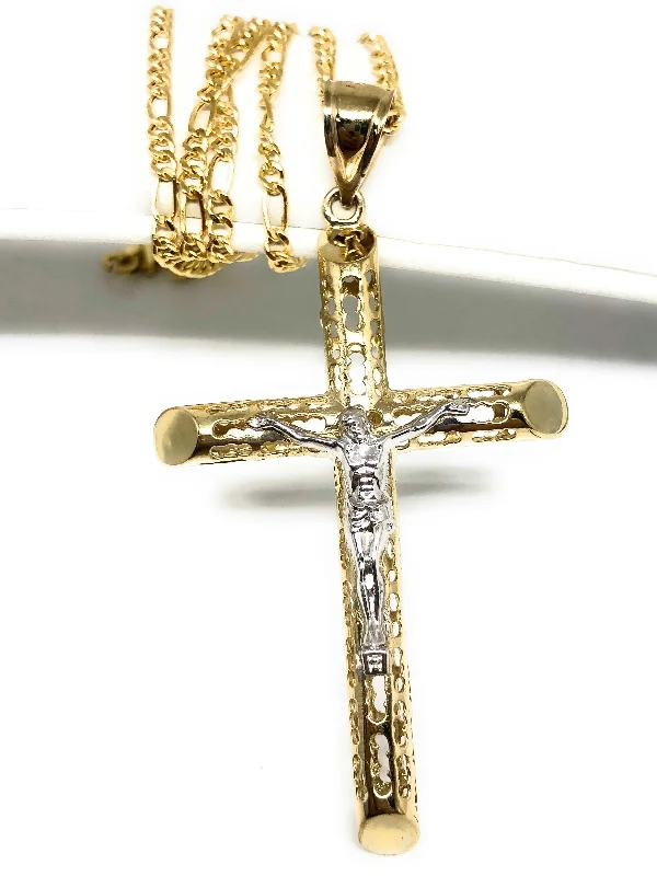 10k Solid Gold Yellow 2-Tone Jesus Cross Crucifix Termite Pendant Necklace (XL)