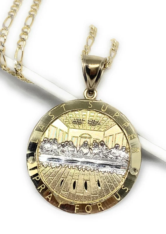 10k Solid Gold Yellow 2-Tone Jesus Last Supper Round Pendant Necklace (6g)