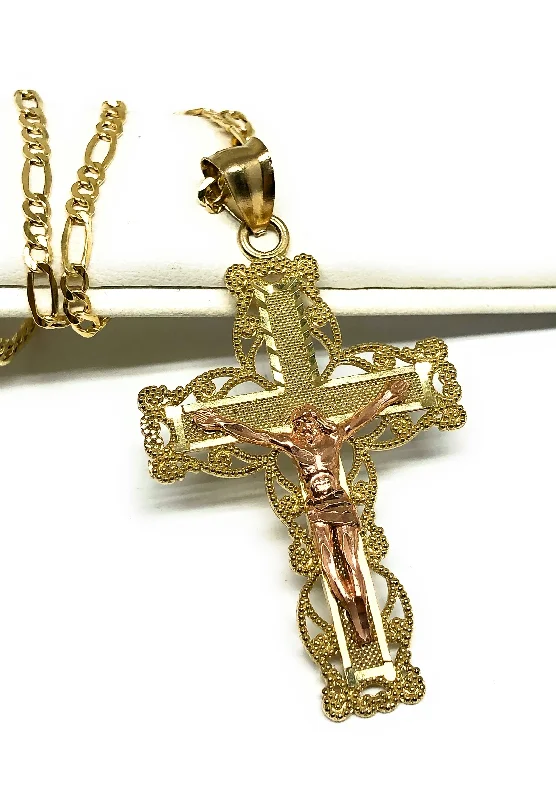 10k Solid Gold Yellow & Rose 2-Tone Jesus Cross Crucifix Pendant Necklace