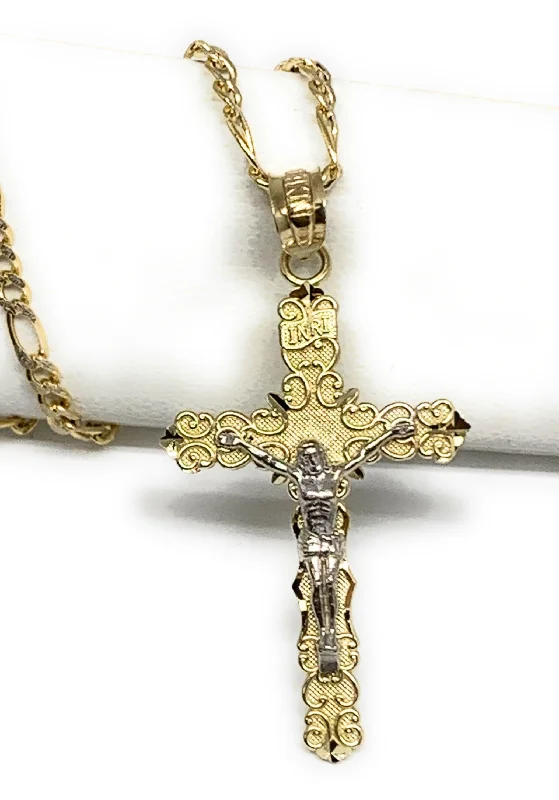 14k Solid Gold 2-Tone Classic Jesus Cross Pendant Necklace Crucifix With Figaro Chain