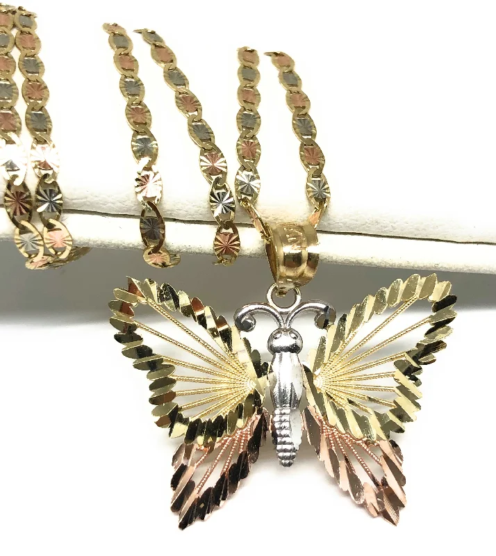 14k Solid Gold Tri-Color Butterfly Pendant Necklace Valentina Chain