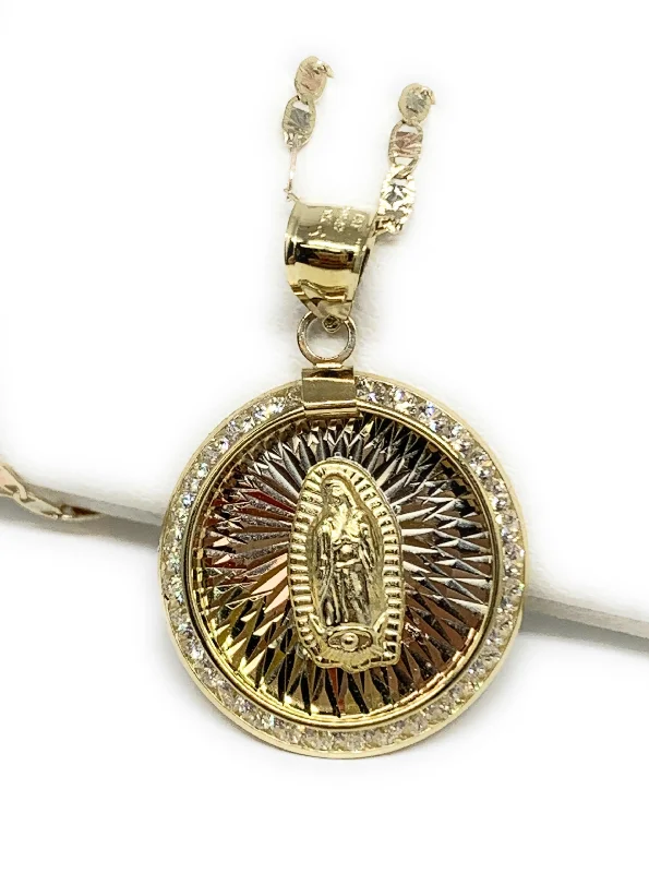 14k Solid Gold Tri-Color Virrgin Mary CZ Round Pendant Necklace Virrgen Gaudalupe (MED)