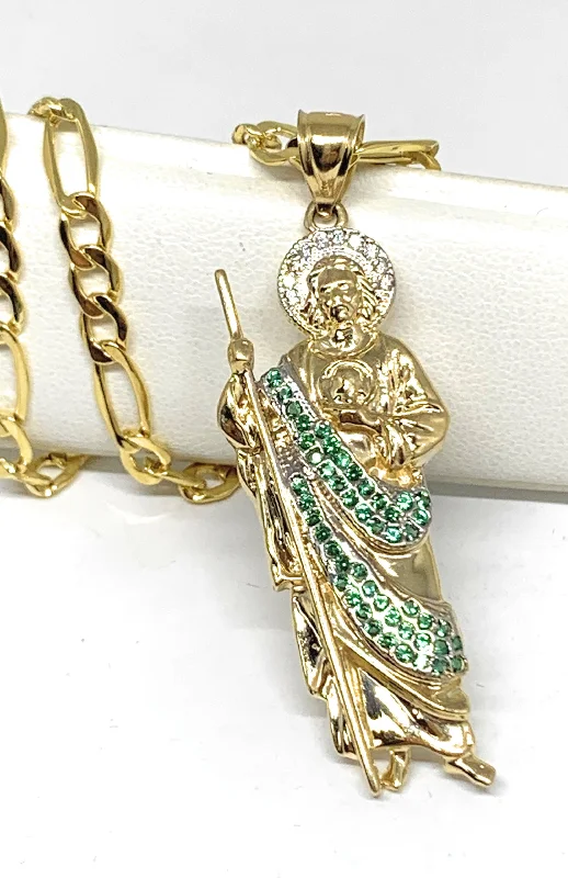 14k Solid Gold Yellow White & Green CZ Saan Judas Saaint Jude Pendant with Chain (SM, MED,LG))