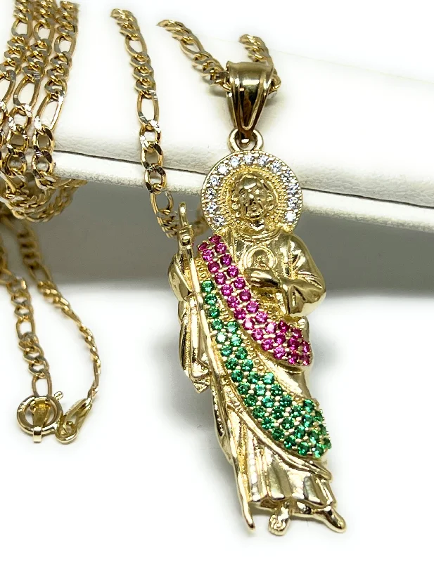 14k Solid Gold Yellow White, Green, Red CZ Saan Judas Saaint Jude Pendant with Chain Optional (MED, LG)