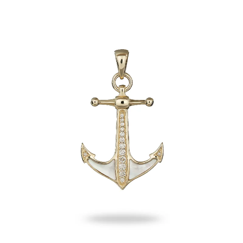 Sealife Anchor Mother of Pearl Pendant in Gold with Diamonds - 28mm