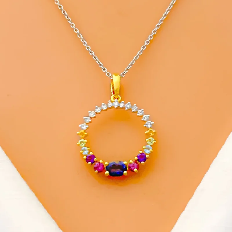 Colorful Round Diamond + 18k Gold Pendant