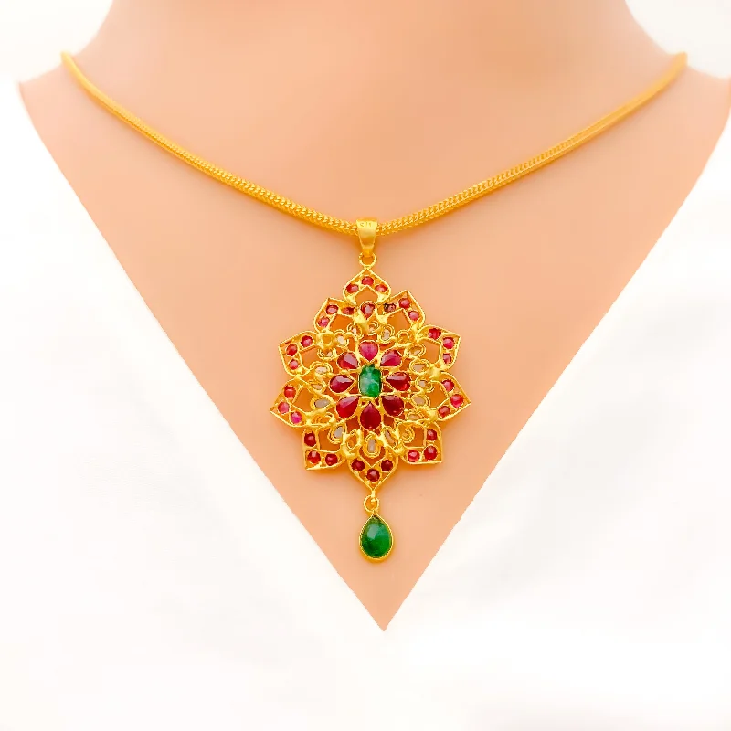 Festive Vibrant Polki 22k Gold Pendant Set