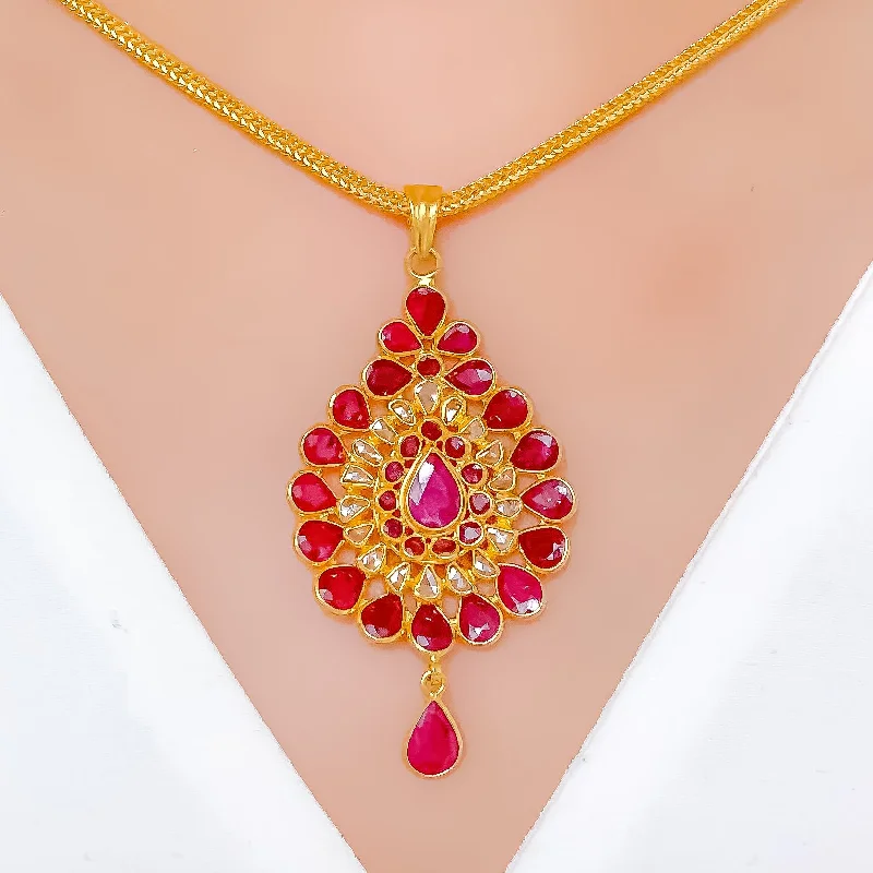 Vibrant Blooming Flower Polki 22k Gold Pendant Set