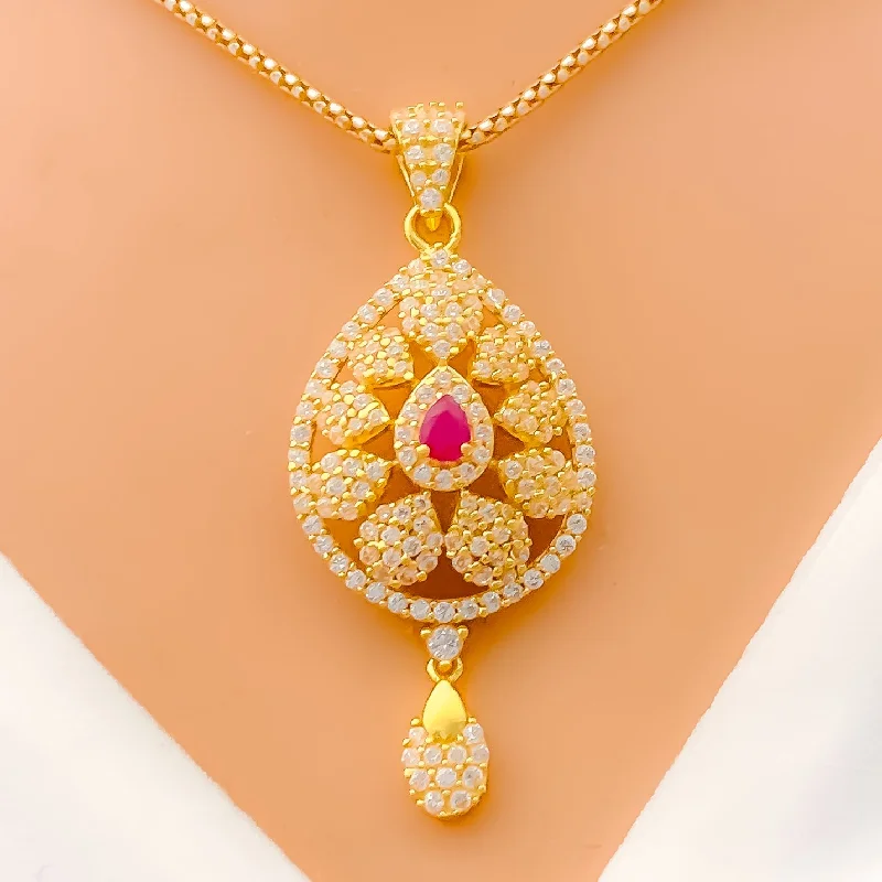 Gorgeous Flower Drop 22k Gold CZ Pendant Set