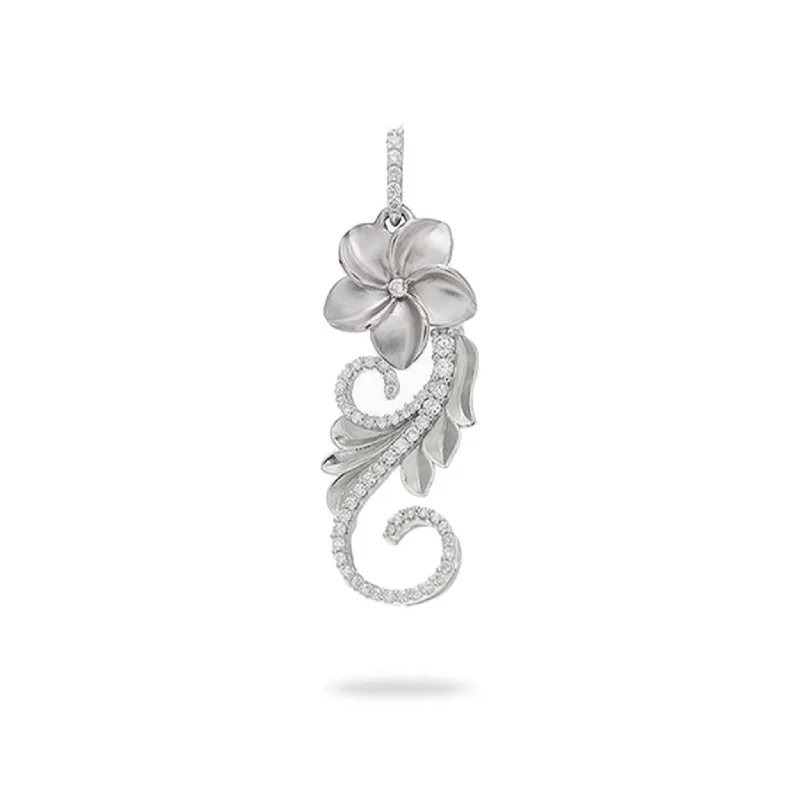 Hawaiian Heirloom Plumeria Pendant in White Gold with Diamonds - 30mm