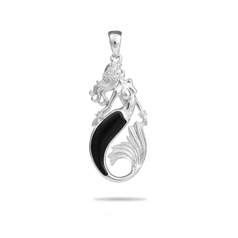 Sealife Mermaid Black Coral Pendant in White Gold with Diamonds - 30mm