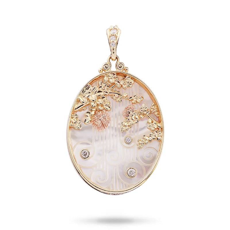 ʻŌhiʻa Lehua Waterfall Mother of Pearl Pendant in Two Tone Gold with Diamonds