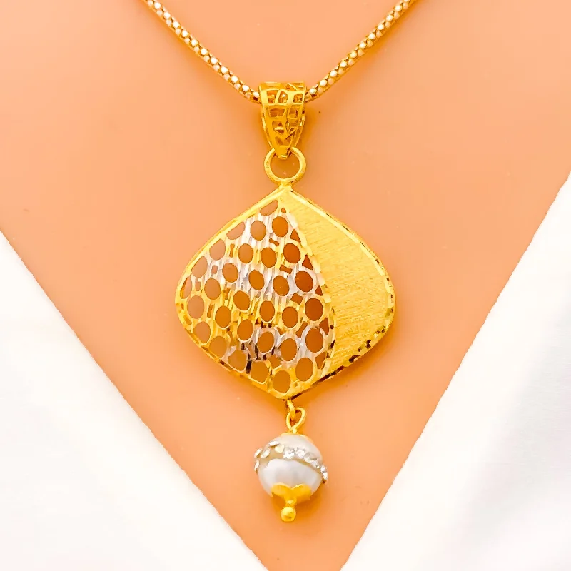 Palatial Netted 22k Gold CZ Pearl Pendant Set