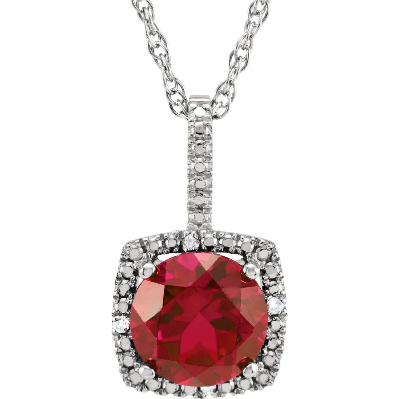 STERLING SILVER 1.60CT CREATED RUBY AND .015 CTW DIAMOND NECKLACE