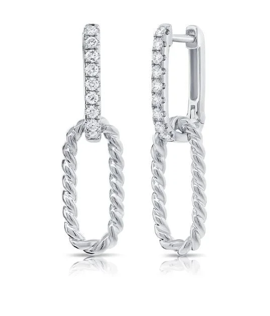 14K White Diamond Cable paperclip Link Dangle Earrings