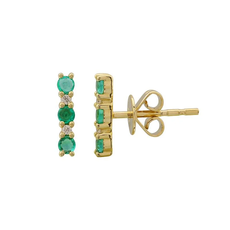 14k Yellow Gold Diamond and Emerald Bar Earrings