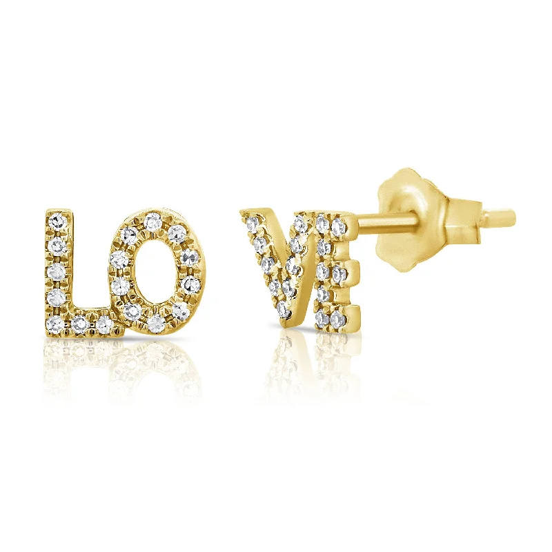 14K Yellow Gold Diamond "Love" Stud Earrings