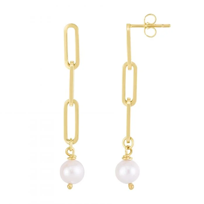 14K Yellow Gold Pearl Paperclip Link Earrings