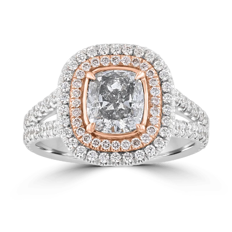 18KT WHITE GOLD 2.43 CTW GRAY, PINK, & NEAR COLORLESS DIAMOND HALO RING