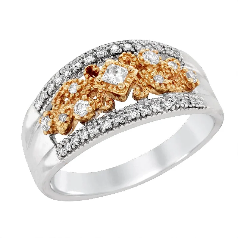 TWO-TONE GOLD RING WITH DIAMONDS AND MILGRAIN TEXTURING, 5/8 CT TW