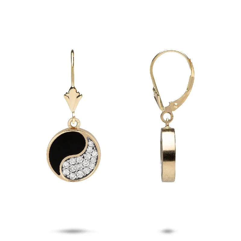 Yin Yang Black Coral Earrings in Gold with Diamonds - 12mm