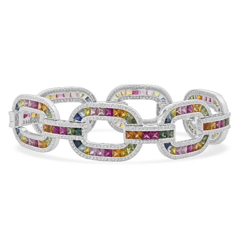 14 Karat White Gold Multi-Colored Sapphire and Diamond Oval Link Bracelet