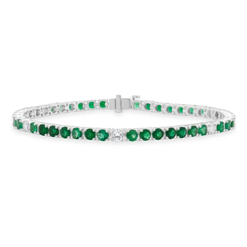 18 Karat White Gold Diamond and Emerald Tennis Bracelet