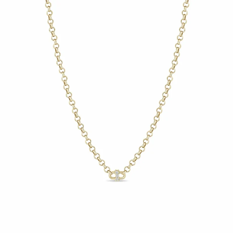 14k Gold Medium Rolo Necklace with Center Link & Diamonds