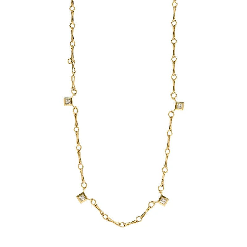 Four Carre Diamond Station Small Link Handmade Chain Necklace