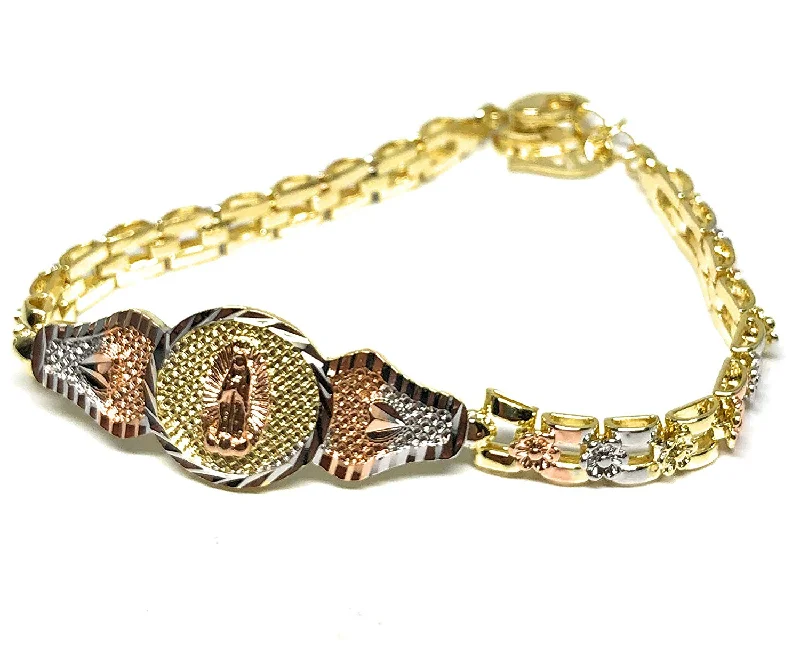 Gold Plated Tri-Color Virgin Mary Bracelet Virgen De Guadalupe Pulsera Tres Colores Oro Laminado 8"