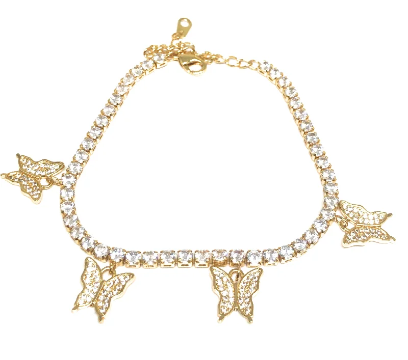 Gold Plated Butterfly Charm CZ Adjustable 9 inch Tennis Bracelet