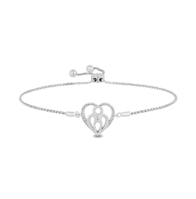 Hallmark Fine Jewelry Family Heart Bolo Bracelet in Sterling Silver with 1/6 Cttw of Diamonds