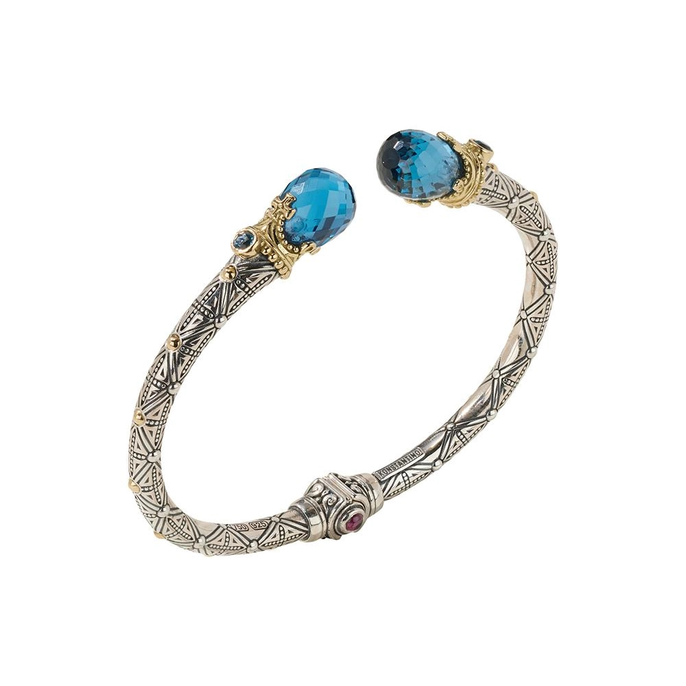 Konstantino Anthos Silver and 18K Gold Blue Spinel, London Blue Topaz and Garnet Cuff Bracelet