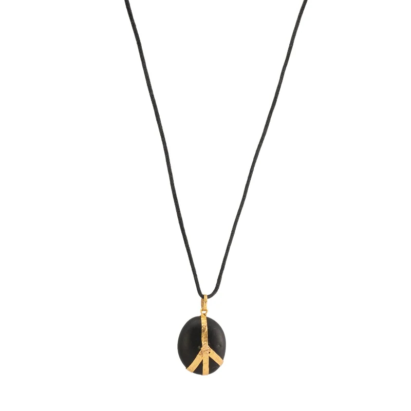 Black Japanese River Pebble Peace Sign Single Drop Pendant Necklace