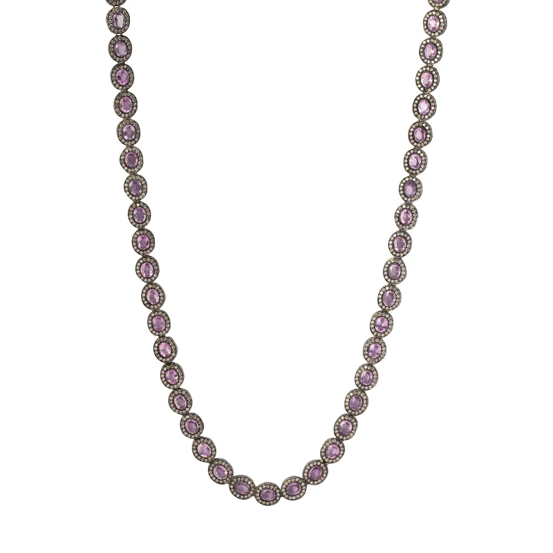 Pink Sapphire & Round Cut Diamond Indo Russian Flat Oval Link Necklace