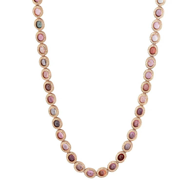 Spinel & Diamond Indo Russian Flat Oval Link Necklace - Multicolor