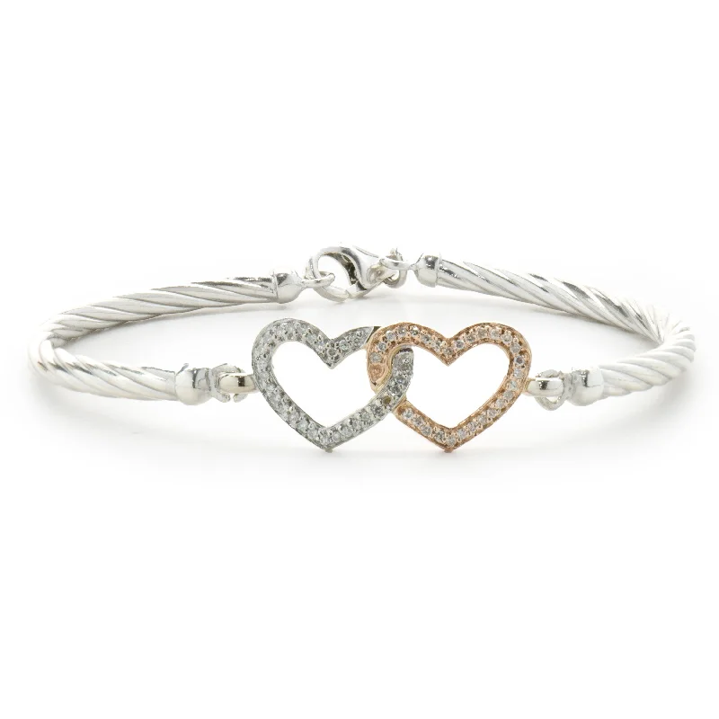 Sterling Silver & 14 Karat White & Rose Gold Double Diamond Heart Bangle Bracelet