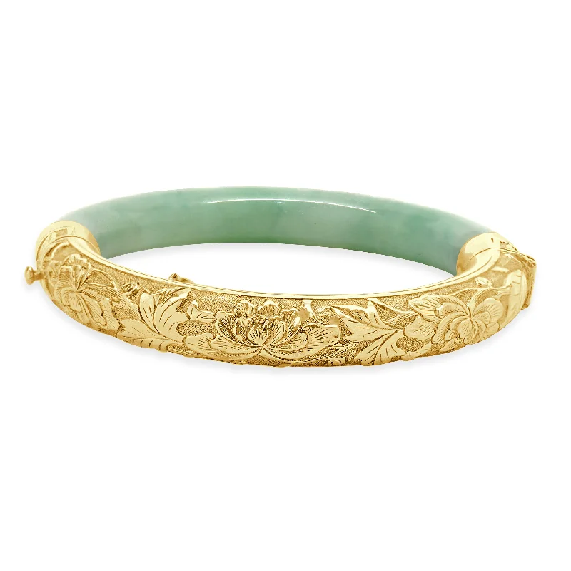 Sterling Silver Hand Engraved Jade Bangle Bracelet